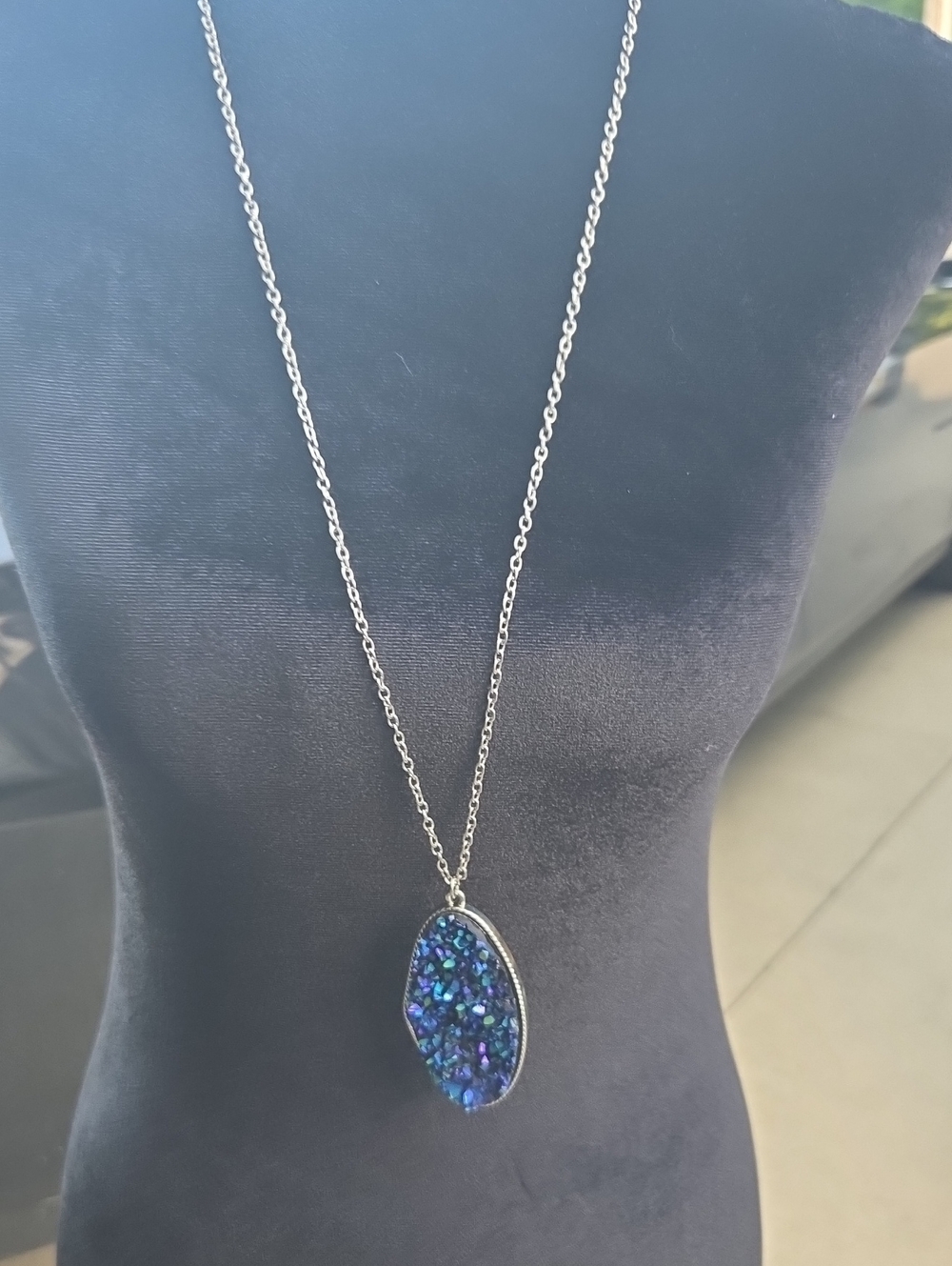 Silver Necklace with Blue Druzy Pendant - Women Jewelry